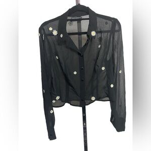 Urban Outfitters sheer black button up blouse with embroidered daisies medium